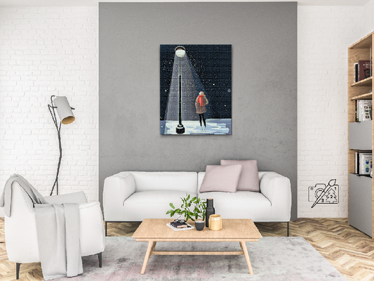 Diamond Painting - Kvinde under en lampe og faldende sne
