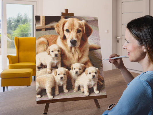Diamond Painting - Golden retriever og hvalpe
