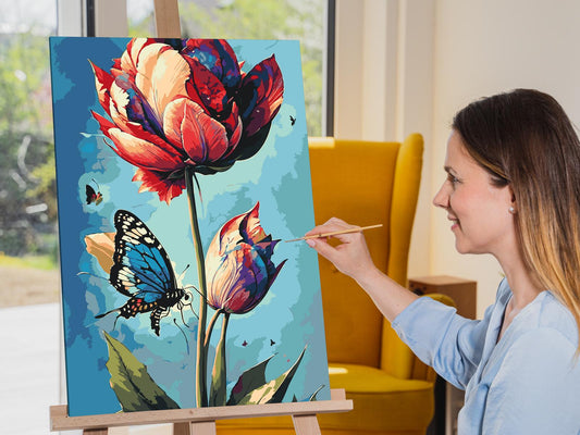 Paint by Numbers - En blå sommerfugl og farverig tulipan