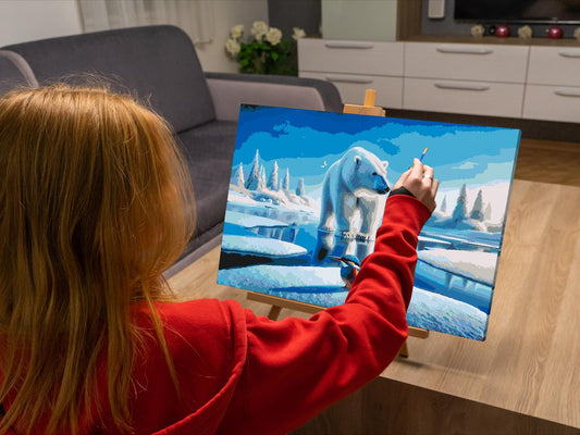 Paint by Numbers - Bær med en isfugl i et snedækket landskab