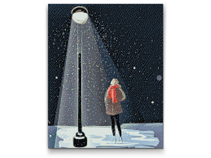 Diamond Painting - Kvinde under en lampe og faldende sne