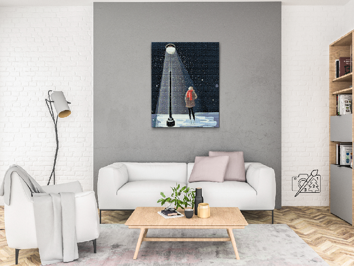 Diamond Painting - Kvinde under en lampe og faldende sne