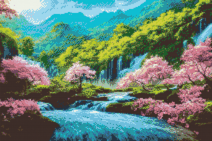 Diamond Painting - Blomstrende træer nær vandfaldet