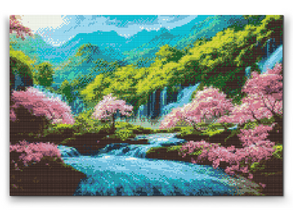 Diamond Painting - Blomstrende træer nær vandfaldet
