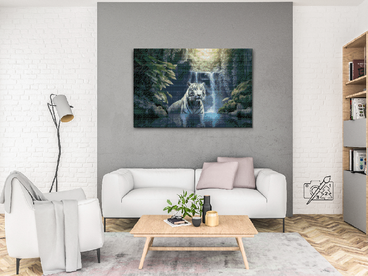 Diamond Painting - Hvid tiger ved et vandfald