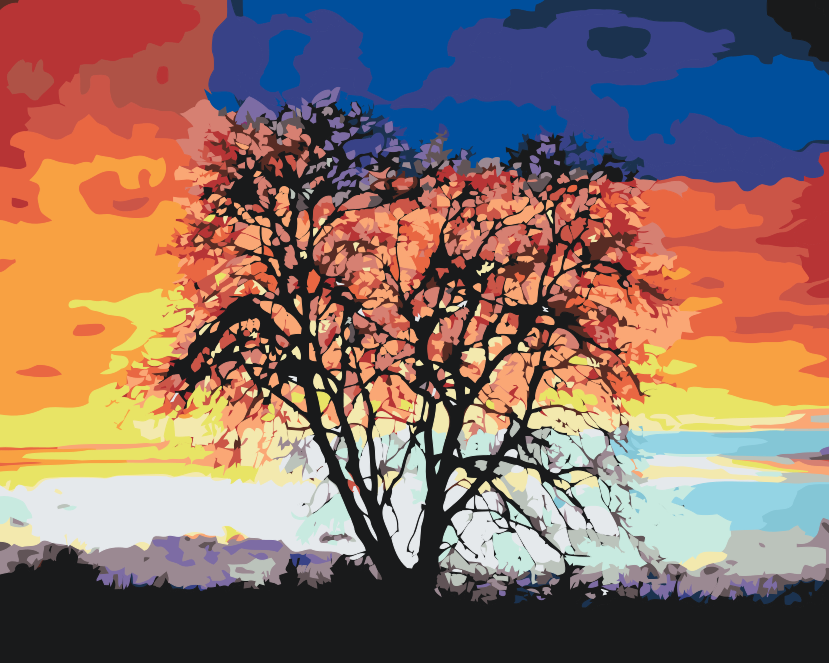 Paint by Numbers - Træ og farverig solnedgang