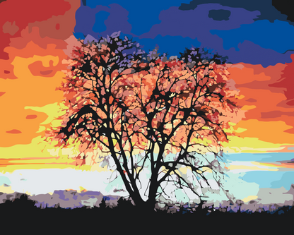 Paint by Numbers - Træ og farverig solnedgang