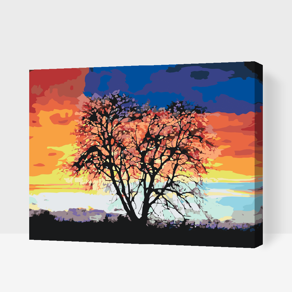 Paint by Numbers - Træ og farverig solnedgang