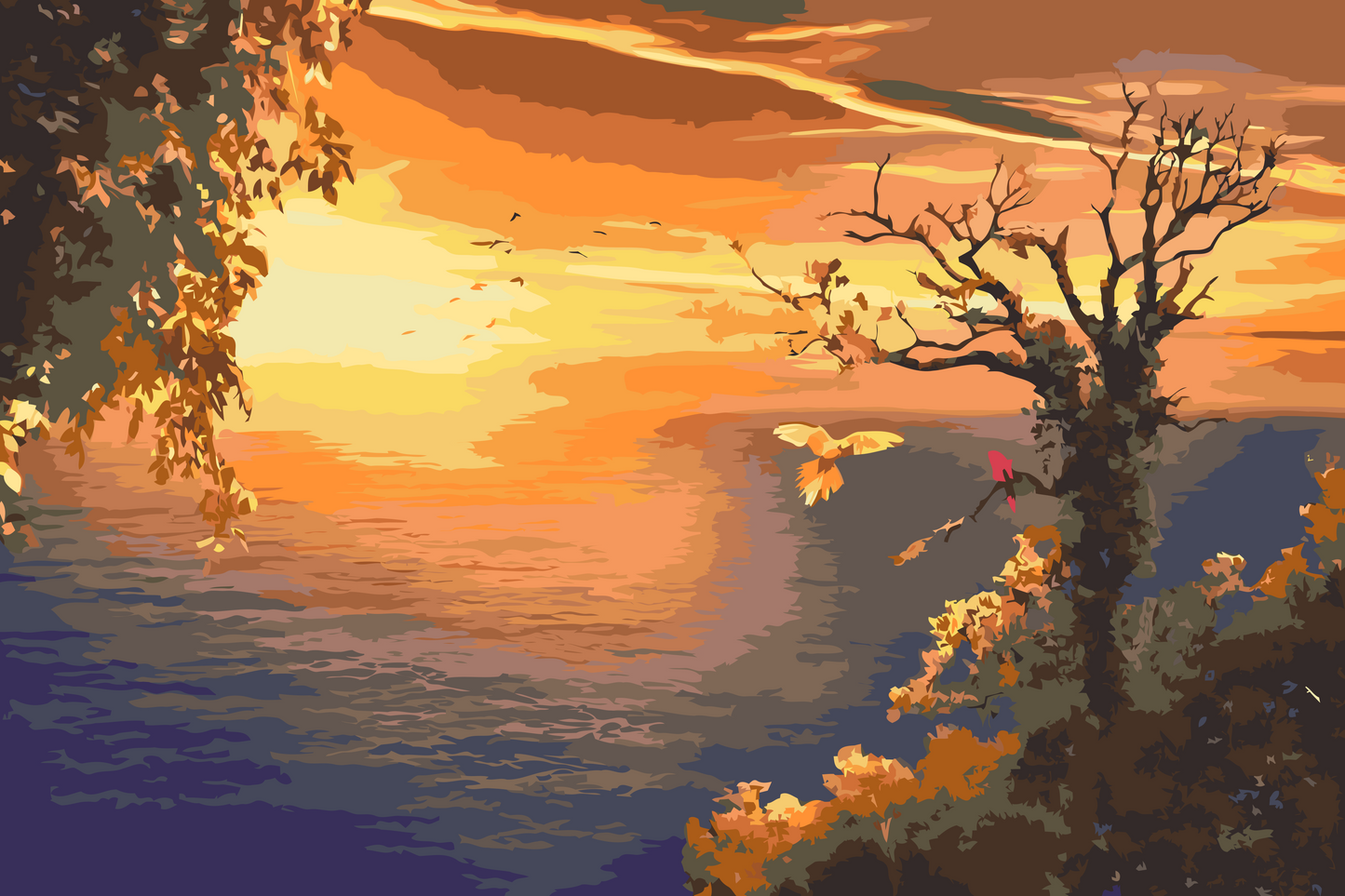 Paint by Numbers - Solnedgang over havet og papegøjer