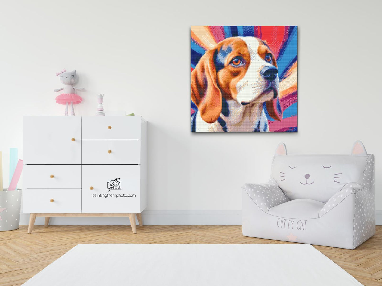 Diamond Painting - Beagle i nuancer af rød og blå