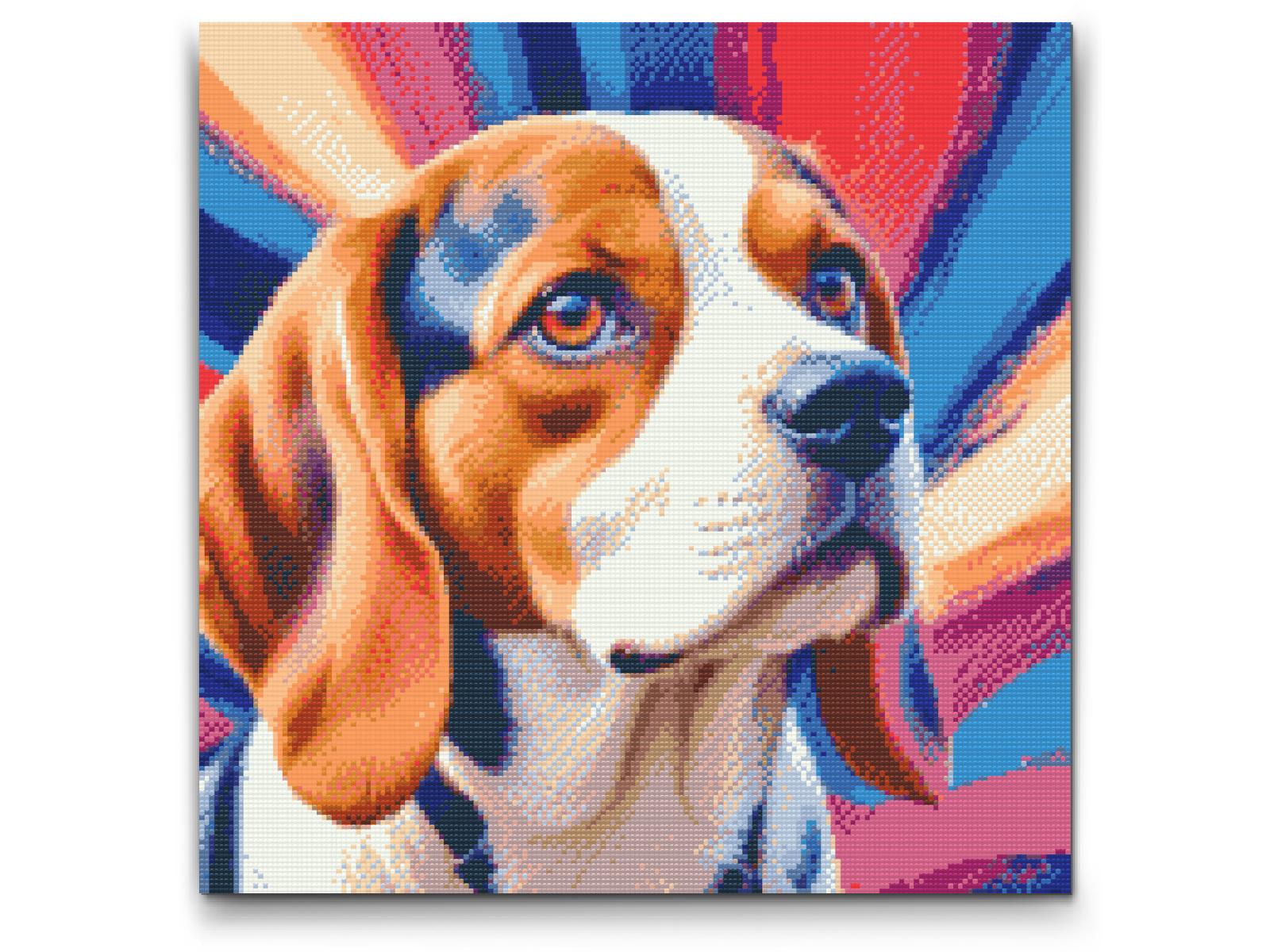 Diamond Painting - Beagle i nuancer af rød og blå