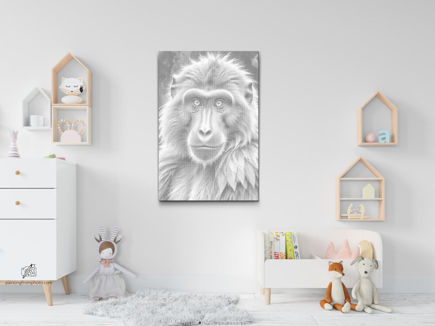 Mal-med-prikker -  Bavian i nuancer af mørk turkis