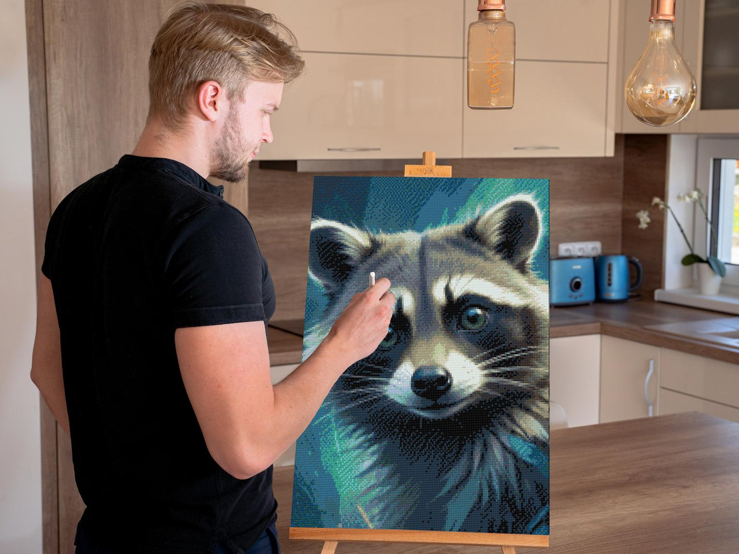 Diamond Painting - Vaskebjørn i nuancer af mørk turkis