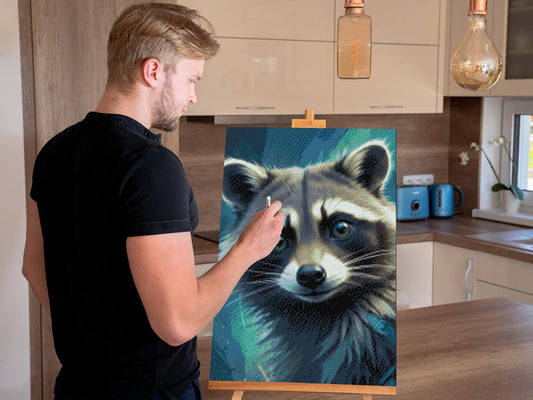 Diamond Painting - Vaskebjørn i nuancer af mørk turkis