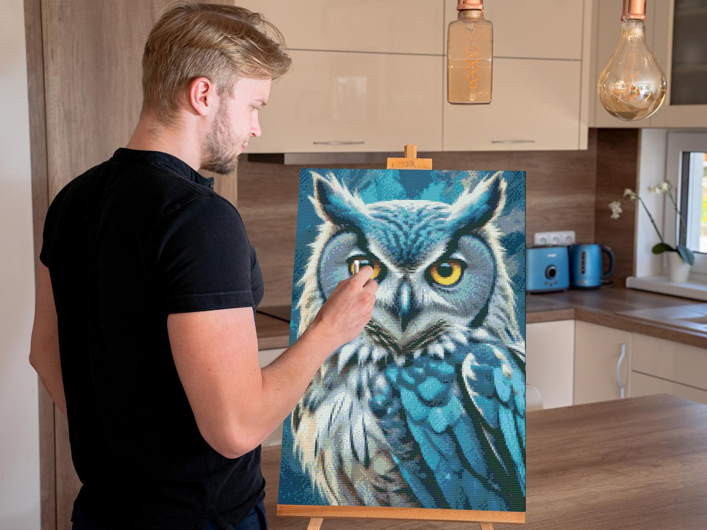 Diamond Painting - Ugle i nuancer af mørk turkis