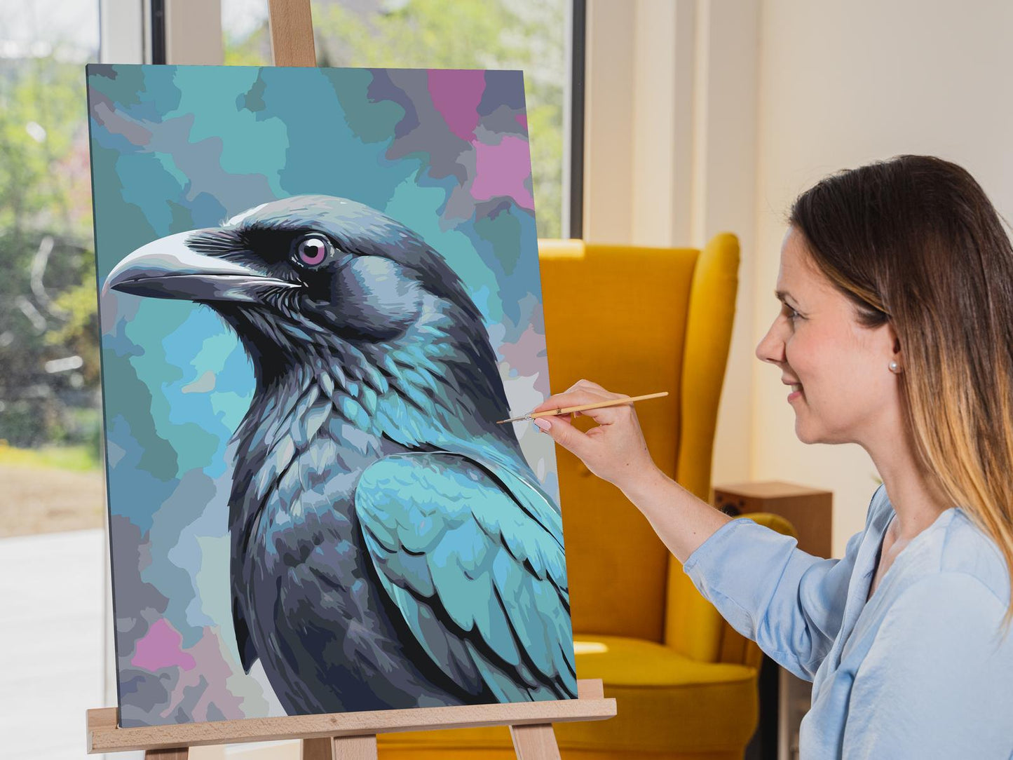 Paint by Numbers - Ravn i nuancer af mørk turkis