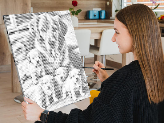 Mal-med-prikker -  Golden retriever og hvalpe