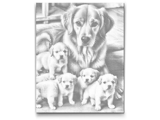 Mal-med-prikker -  Golden retriever og hvalpe