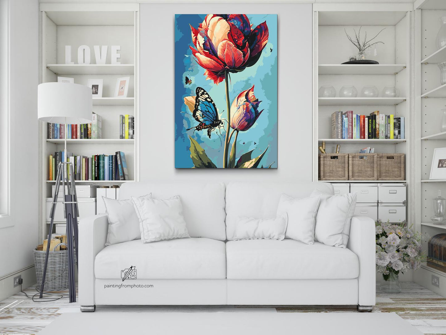 Paint by Numbers - En blå sommerfugl og farverig tulipan