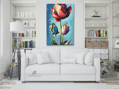 Paint by Numbers - En blå sommerfugl og farverig tulipan