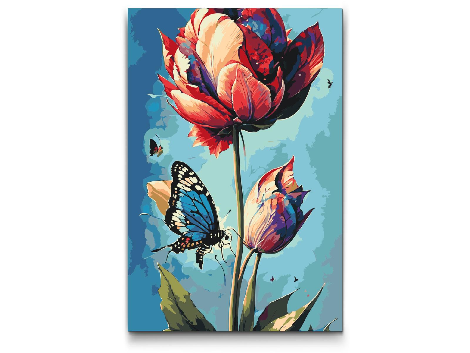 Paint by Numbers - En blå sommerfugl og farverig tulipan
