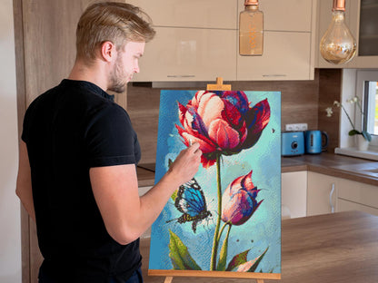 Diamond Painting - En blå sommerfugl og farverig tulipan