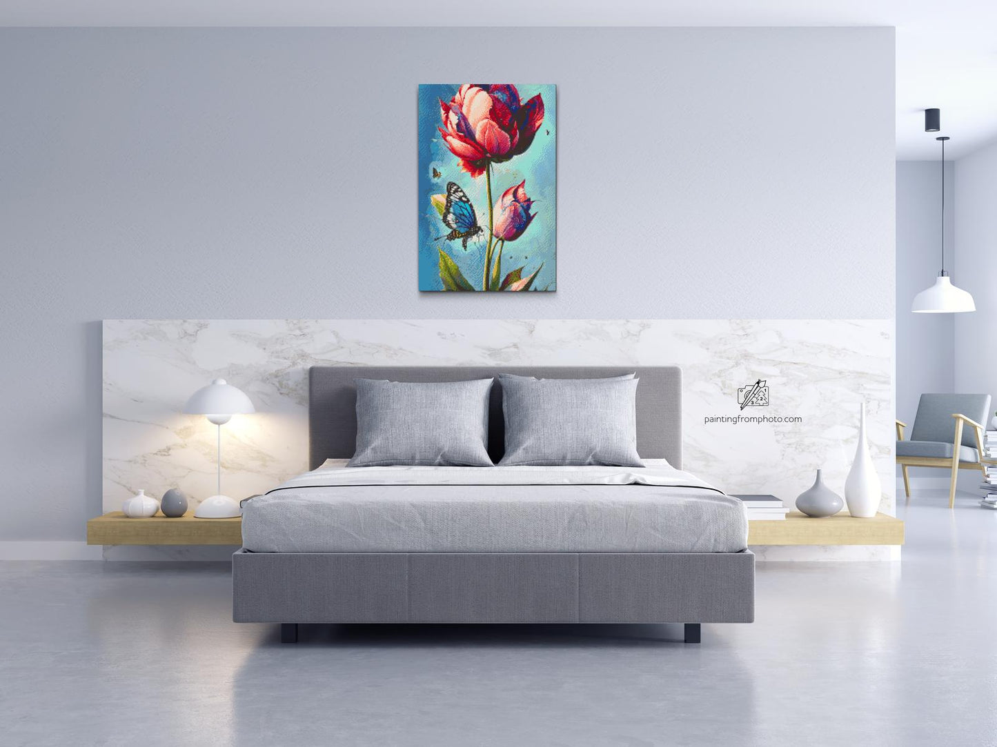 Diamond Painting - En blå sommerfugl og farverig tulipan