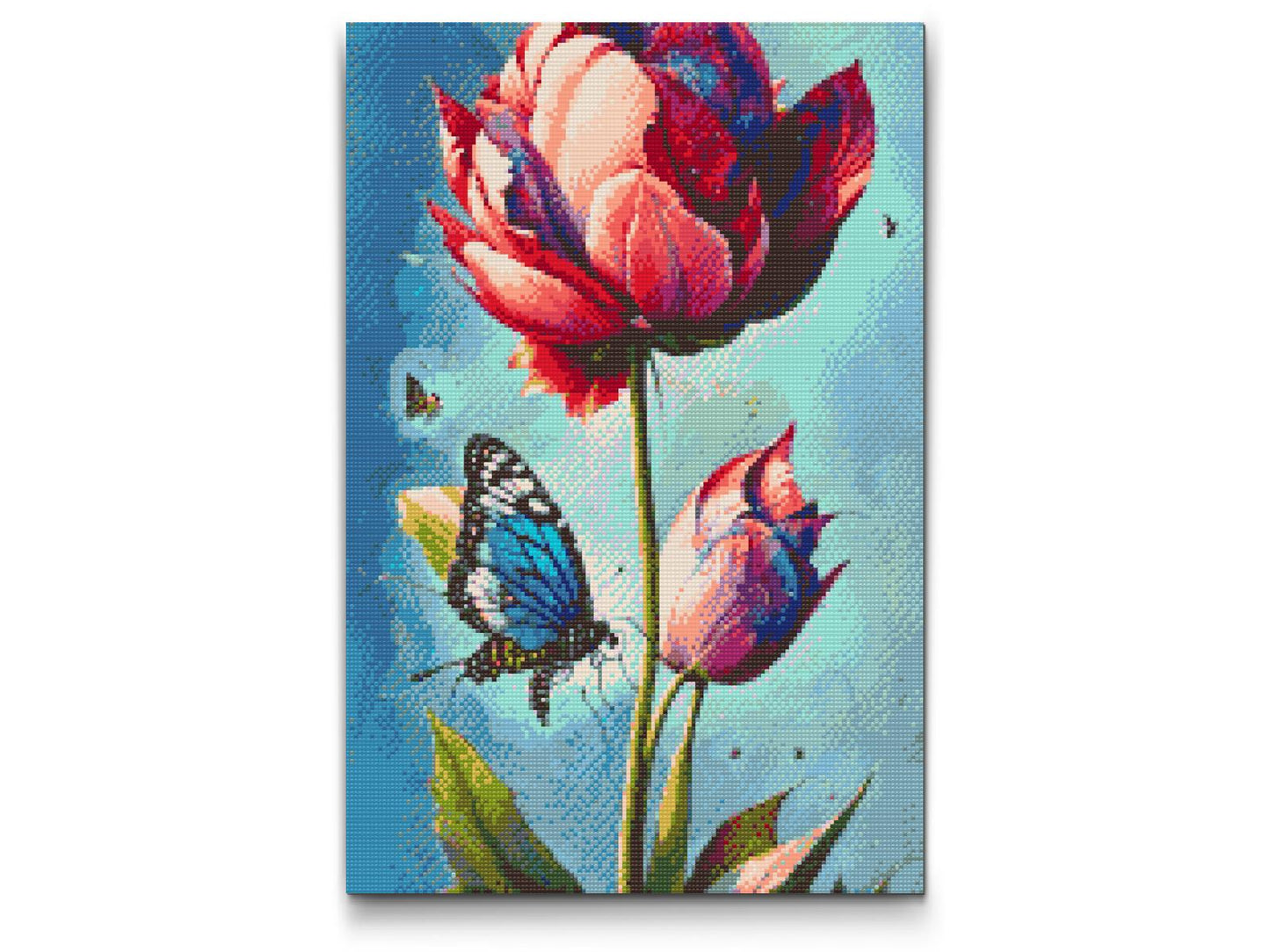 Diamond Painting - En blå sommerfugl og farverig tulipan