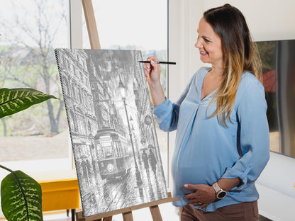 Mal-med-prikker -  Natsporvogn i regnvejr