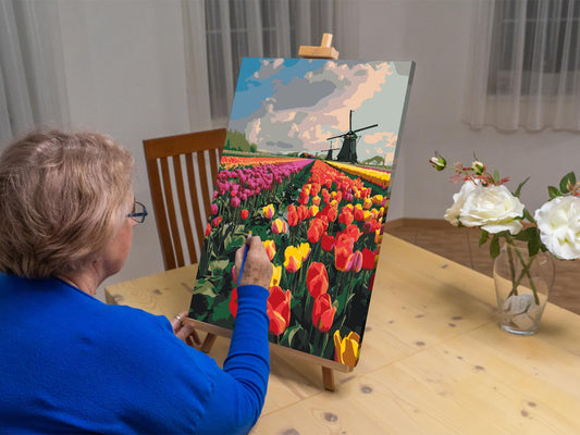 Paint by Numbers - Vindmøller i en mark med tulipaner