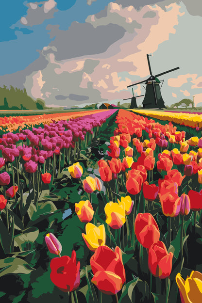 Paint by Numbers - Vindmøller i en mark med tulipaner