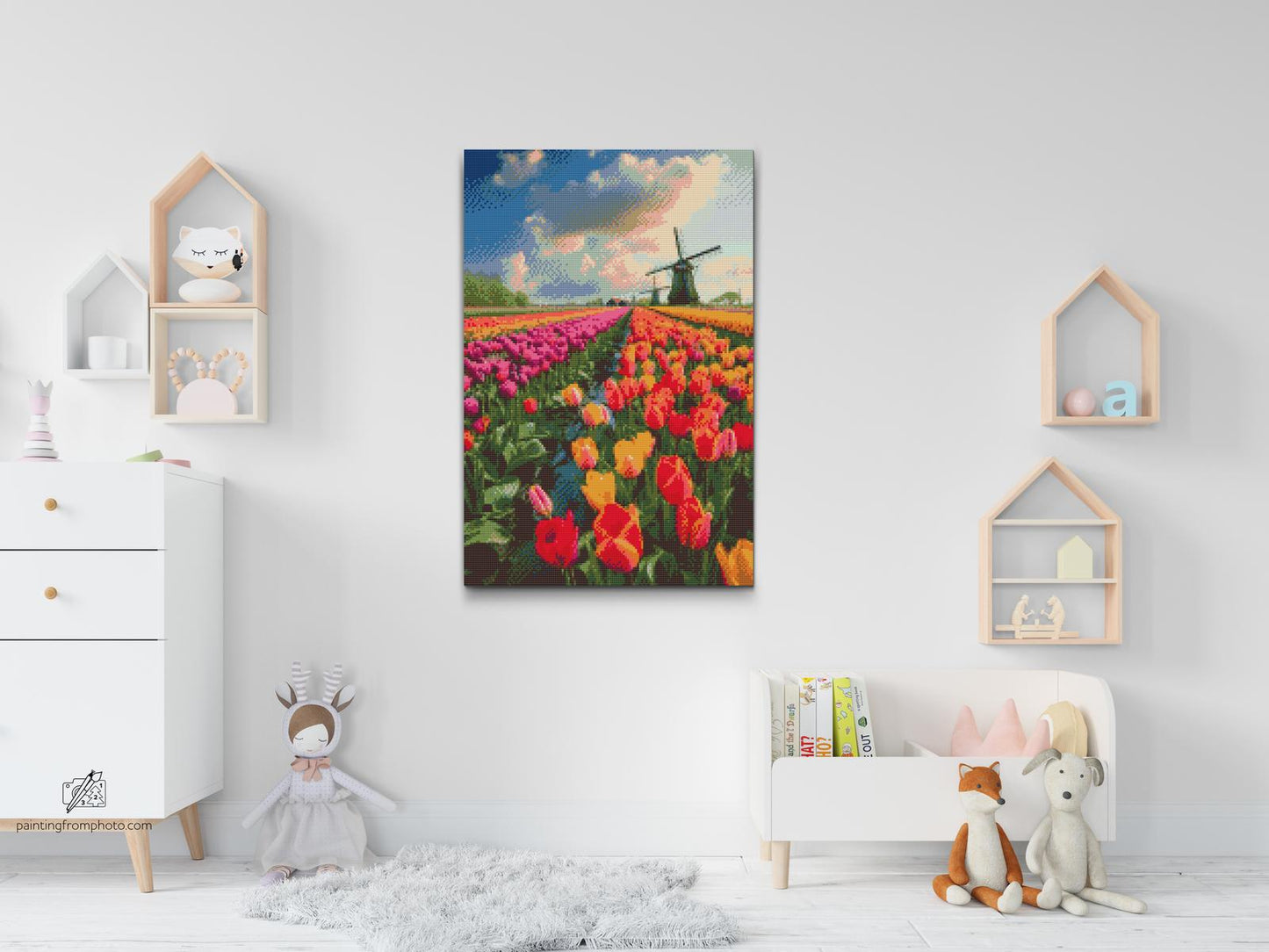 Diamond Painting - Vindmøller i en mark med tulipaner