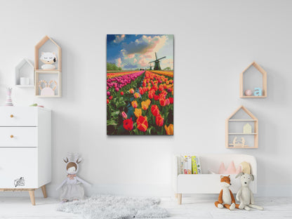 Diamond Painting - Vindmøller i en mark med tulipaner