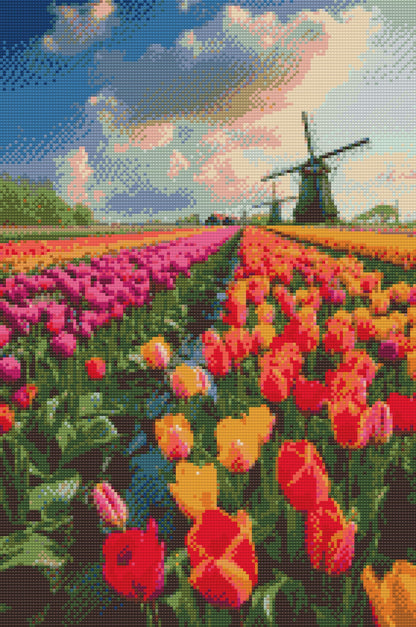 Diamond Painting - Vindmøller i en mark med tulipaner