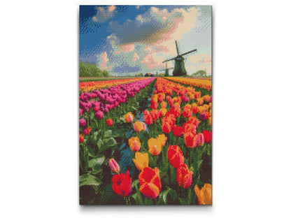 Diamond Painting - Vindmøller i en mark med tulipaner
