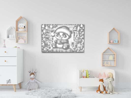 Mal-med-prikker -  Julepanda og en kop kaffe