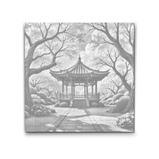 Blomstrende sakura med pavillon