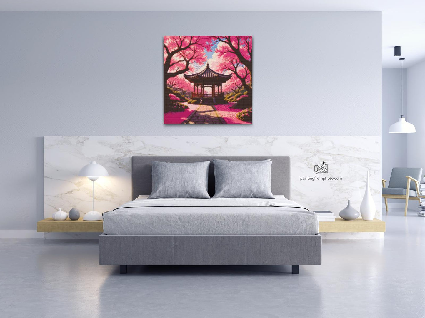 Diamond Painting - Blomstrende sakura med en pavillon