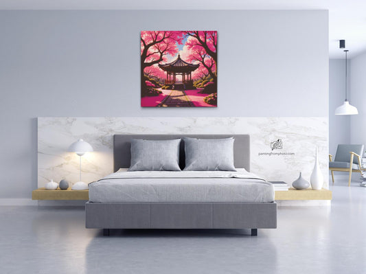 Diamond Painting - Blomstrende sakura med en pavillon