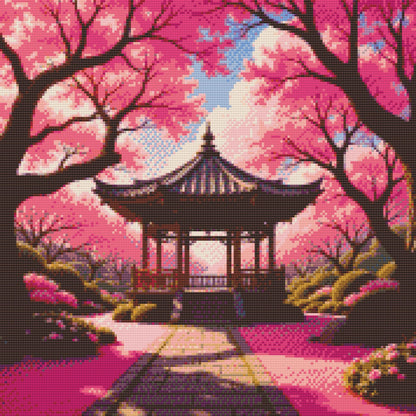Diamond Painting - Blomstrende sakura med en pavillon
