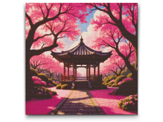Diamond Painting - Blomstrende sakura med en pavillon