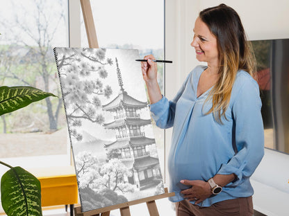 Mal-med-prikker -  Pagode med sakura
