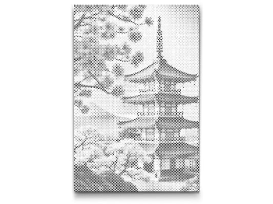 Mal-med-prikker -  Pagode med sakura
