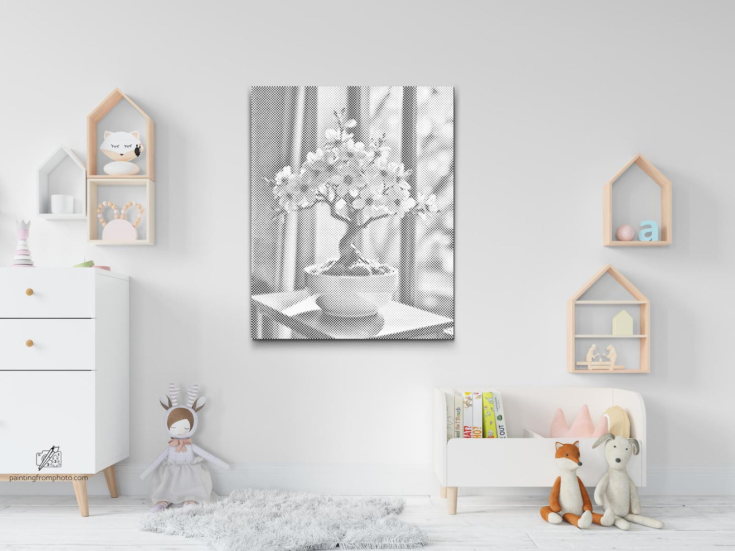 Mal-med-prikker -  Sakura bonsai ved vinduet