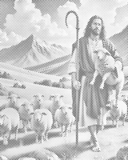Mal-med-prikker -  Jesus med får på græsmarken