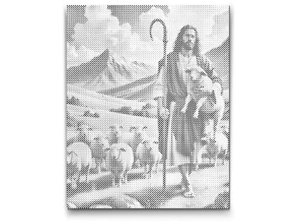 Mal-med-prikker -  Jesus med får på græsmarken