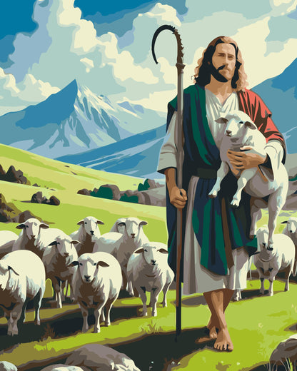 Paint by Numbers - Jesus med får på græsmarken