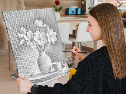 Mal-med-prikker -  Forårshvide blomster i en vase