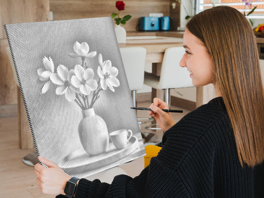 Mal-med-prikker -  Forårshvide blomster i en vase