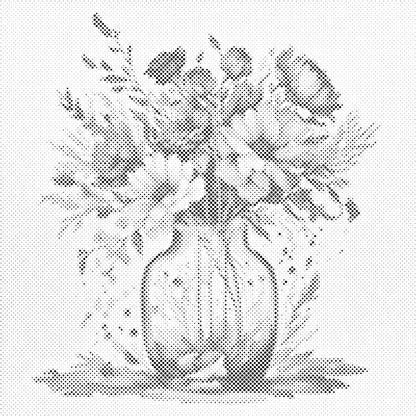 Mal-med-prikker -  Violblomster i en glasvase